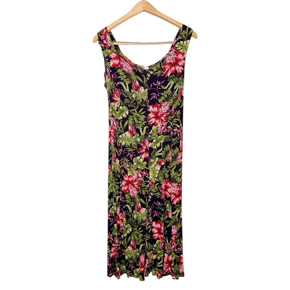 Vintage Dresses & Skirts - Vintage Erika 90's Sleeveless Tropical Floral‎ Print Knee Length Midi Dress M